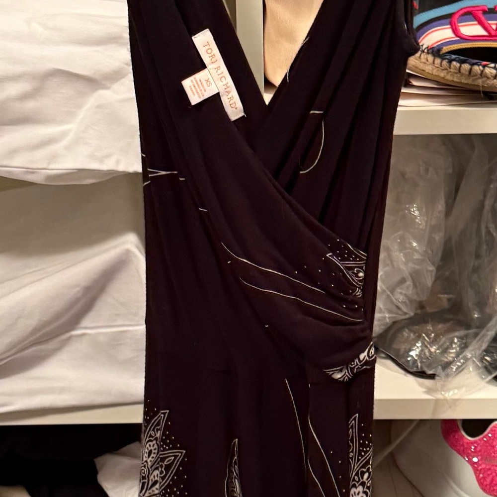 Tori Richard Black Midi Dress with White Patterns